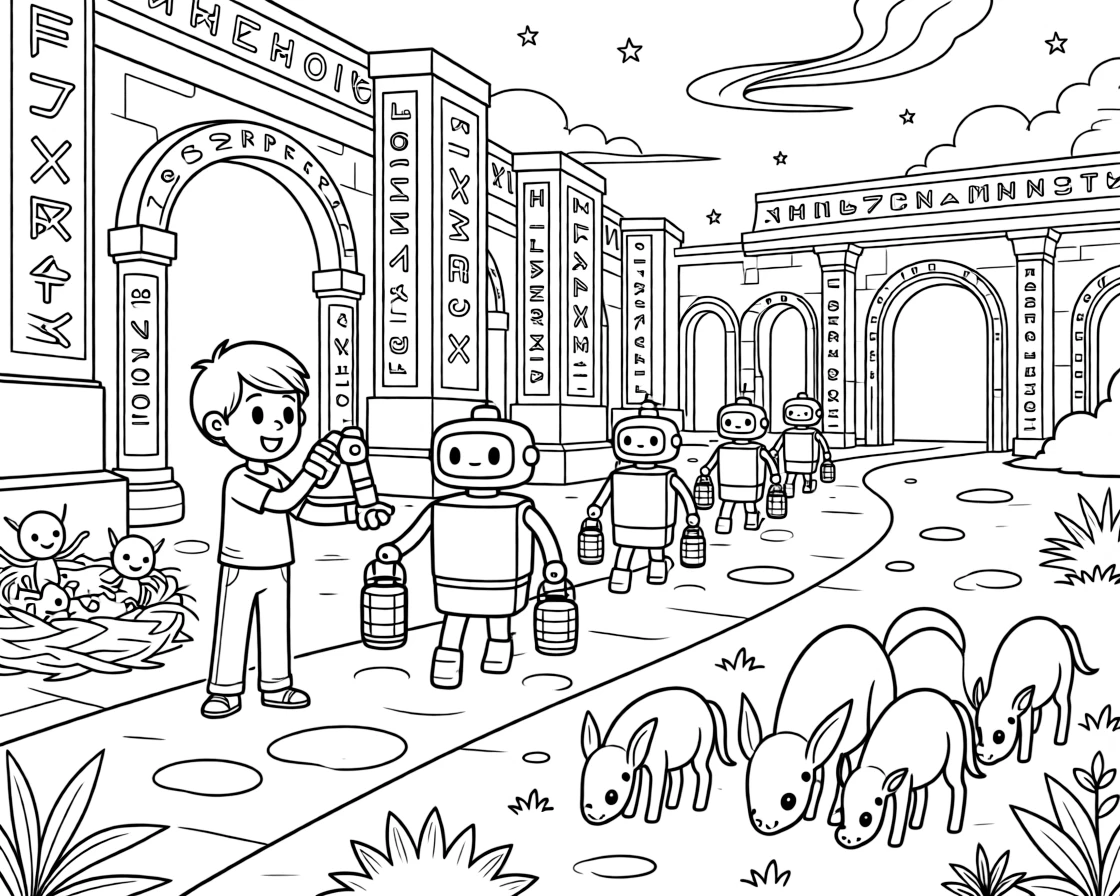 Inventor kid Byte testing a robotic grabber arm guiding a lantern-lit parade of robots through a night market, in an ancient alien temple covered in glowing runes, with a nest of baby alien creatures chirping happily and a herd of gentle six-legged alien creatures grazing nearby nearby.