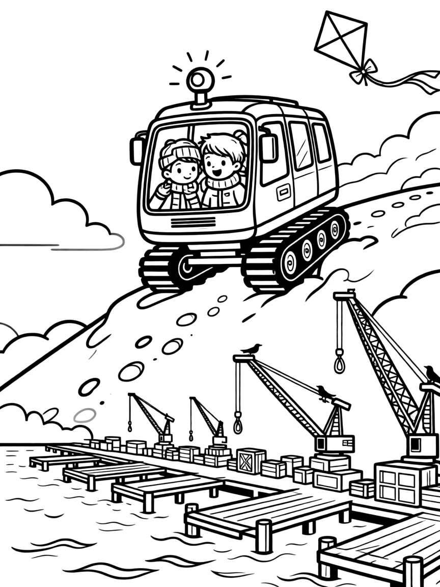 A coloring page featuring a mountain rescue snowcat climbing a snowy ridge, traveling through a busy harbor lined with docks, cranes, and stacked crates, with twin siblings pressing their faces to the window and a signal light blinking cheerfully and a kite dancing in the breeze above filling the scene.