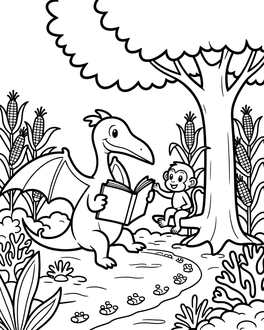 A pterodactyl in a coral reef, reading a storybook under a tree with a monkey, next to a corn field, with a trail of tiny footprints in the mud.