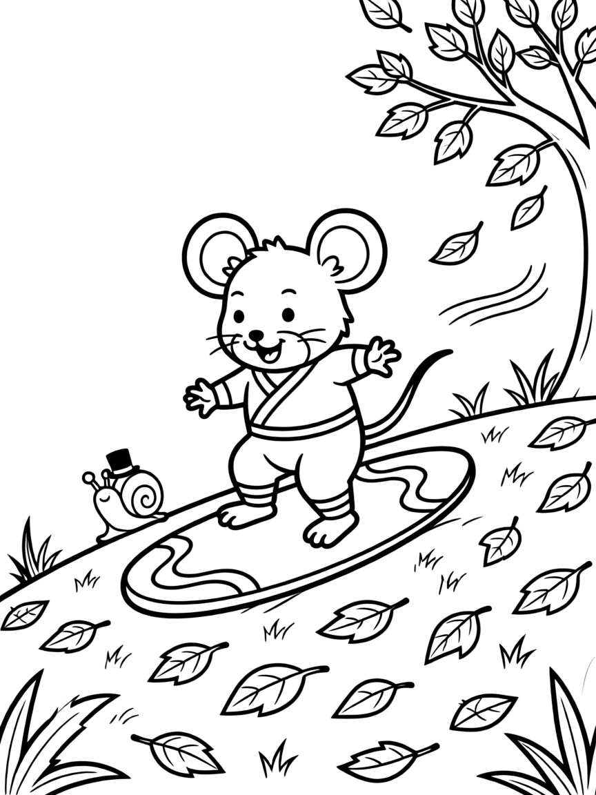 A round ninja mouse takes a break from adventures to try riding a wave on a surfboard shaped like a shell on an autumn hillside covered in falling leaves, with a snail wearing a tiny top hat close behind. A gentle breeze carries the sound of joyful laughter.