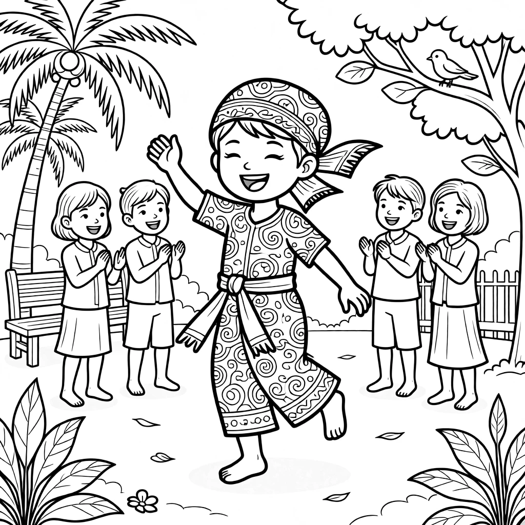 A coloring page from Indonesia showing a child wearing a batik-patterned sarong and headscarf, twirling happily in a village square while friends look on and clap.