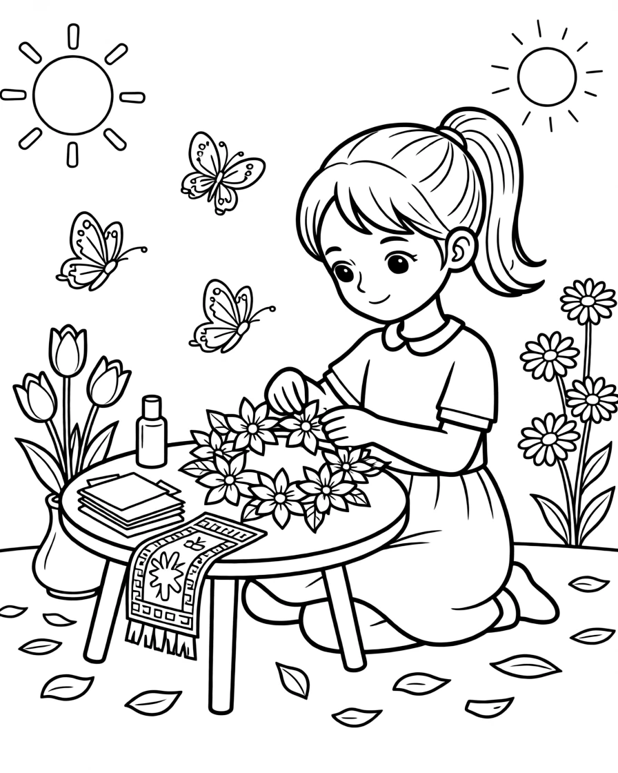 a shy young girl makes a wreath of paper flowers for a spring cultural celebration.