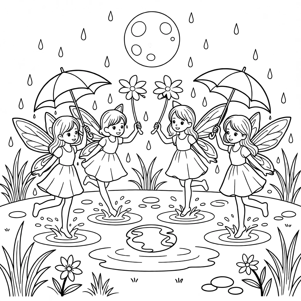 A group of fairies use flower petals as umbrellas during a gentle rain shower, splashing in puddles reflecting the moon.