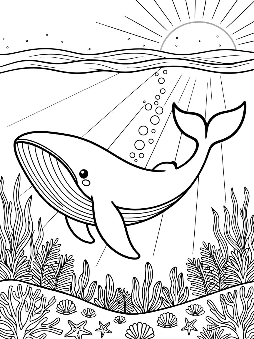 [Sea Creatures] a giant humpback whale gliding past a coral reef beneath sparkling ocean waves, grinning with excitement, while rays of sunlight filter down through the water fills the surrounding area. Bubbles trail upward in a gentle stream. Set at sunrise, with fireflies beginning to glow, the page bursts with adventure and imagination.