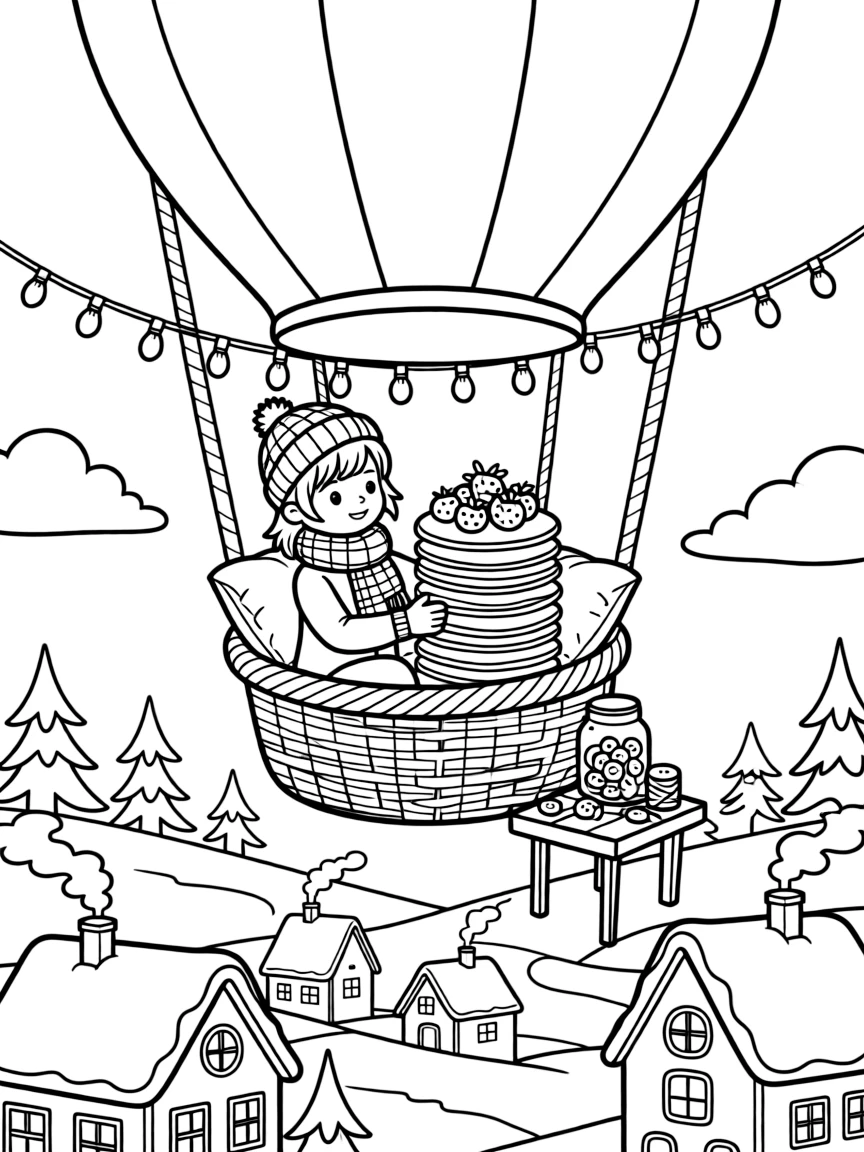 A girl riding in the basket of a hot air balloon is stacking pancakes topped with fresh berries in a snow-covered winter village. Nearby, a jar of colorful buttons and ribbons and strings of fairy lights strung overhead make the scene feel magical.