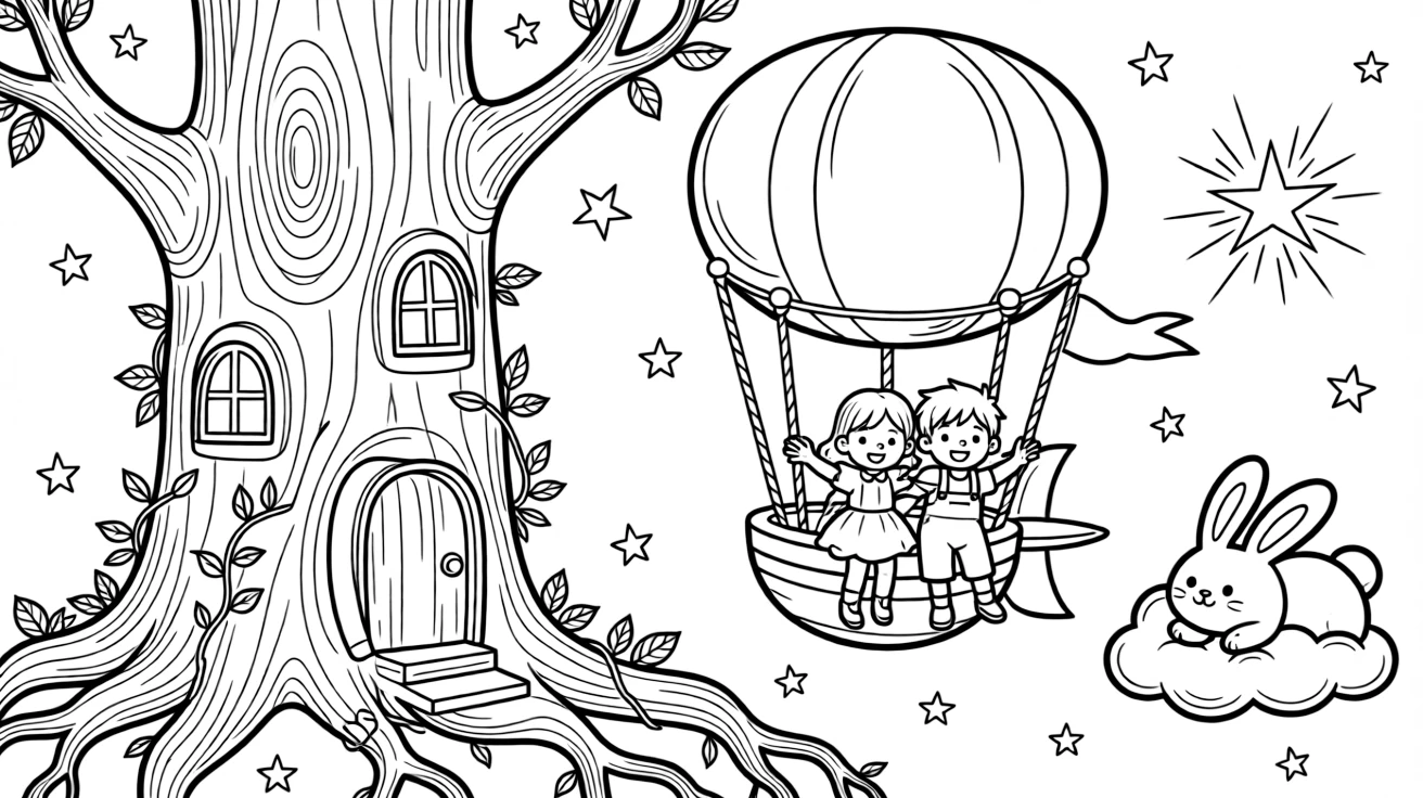 A fairy house built into the roots of an old tree aboard a whimsical airship drifting past friendly stars, alongside a pair of giggling twins and a gentle cloud shaped like an animal, with a shimmering star drifting nearby close by.