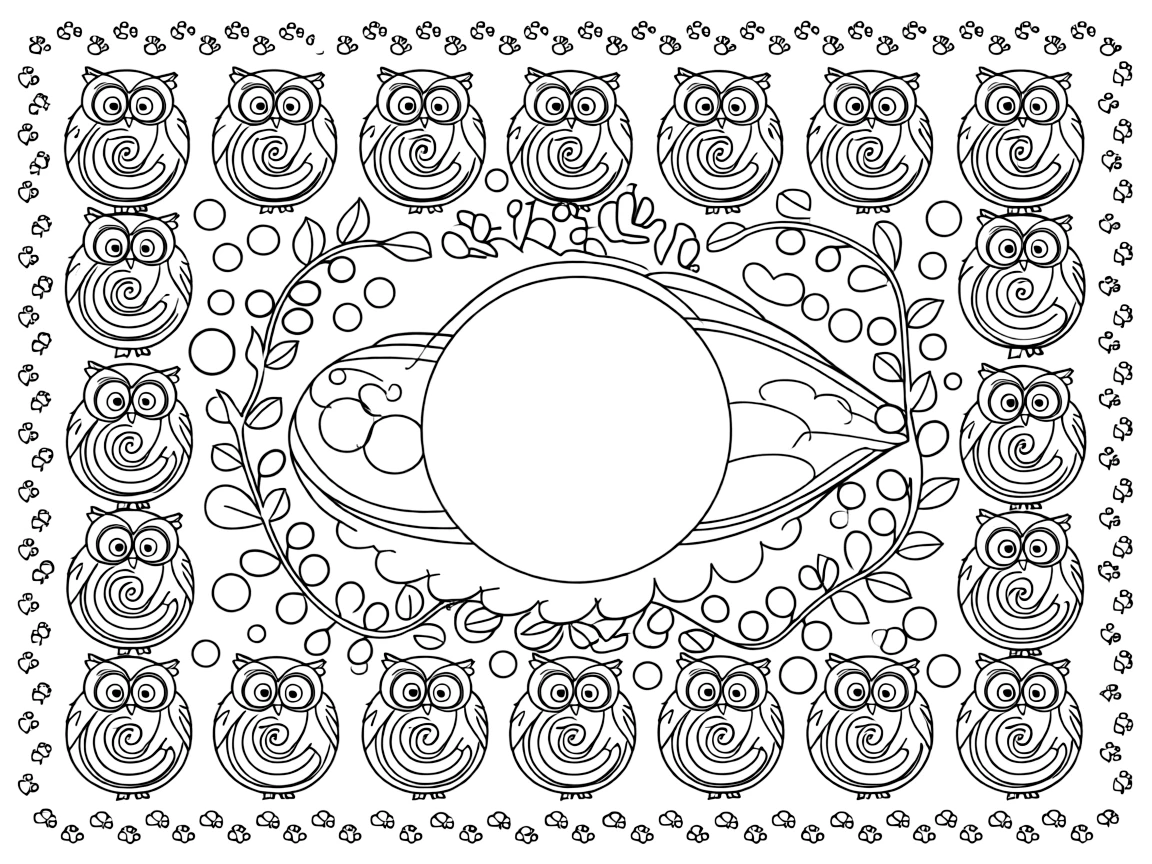 Birds: The page centers on a repeating motif of an owl with large round eyes and feathered ear tufts, built around a shell-spiral mandala coiling outward in smooth turns. The motif is shown marching in a repeating row all the way around the border of the page, framing an open medallion left blank in the center. Decorative details fill the surrounding space, including clusters of round bubbles, twisting berry-vine garlands, and overlapping scalloped shells woven throughout the background. A playful extra touch completes the page: a trail of small paw prints wandering along the outer edge.