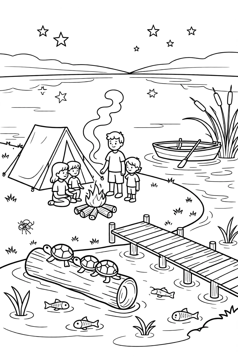 [Lakeside] A family camps beside a lake, their little tent pitched near a crackling campfire. Turtles bask on a half-submerged log while minnows dart through the shallows. A small wooden rowboat rests beside the dock, tied to a post near a cluster of cattails. Stars begin to reflect on the water as crickets chirp softly around the campsite.
