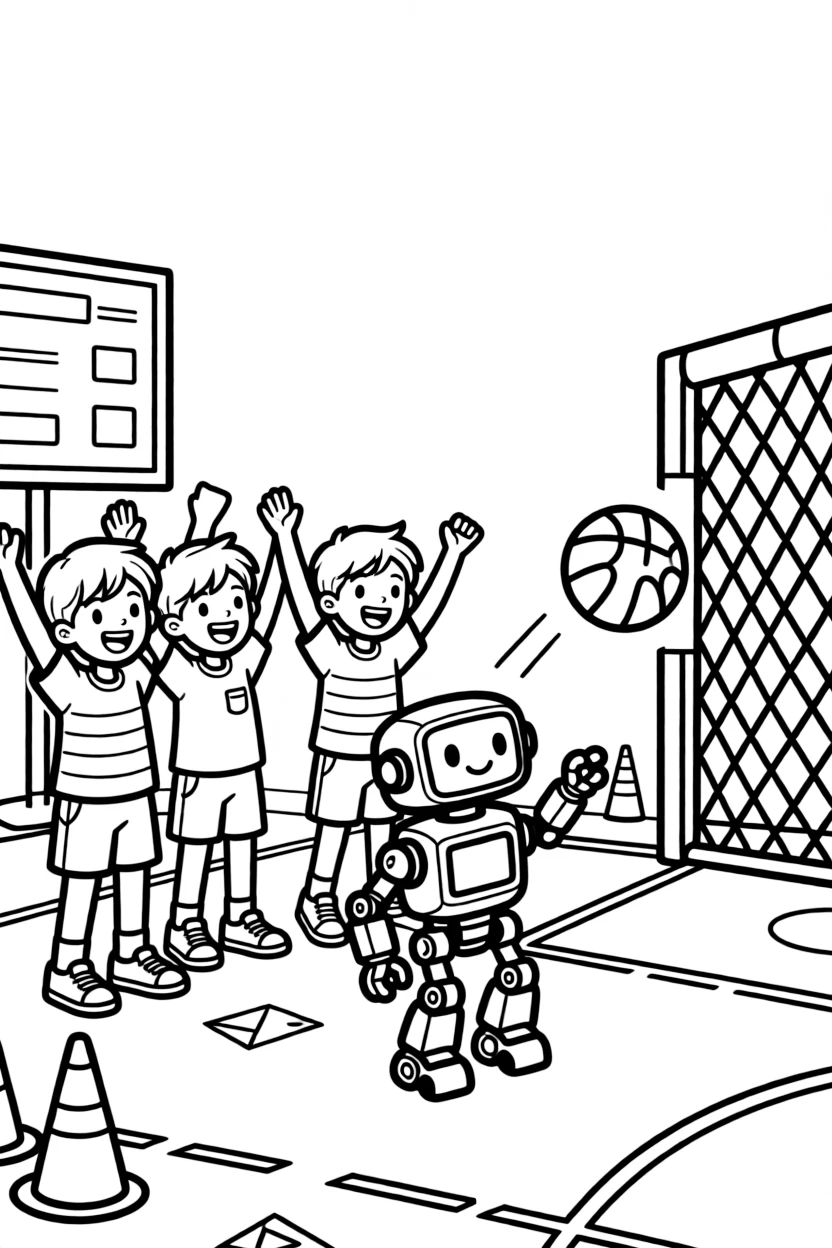 A robotics competition team cheers as their robot shoots a ball into a goal.