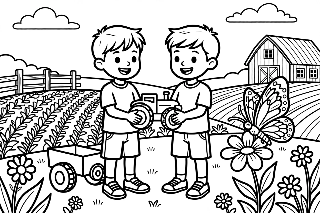 Twin brothers sharing a favorite toy for show-and-tell at a farm field trip while a butterfly visits nearby.