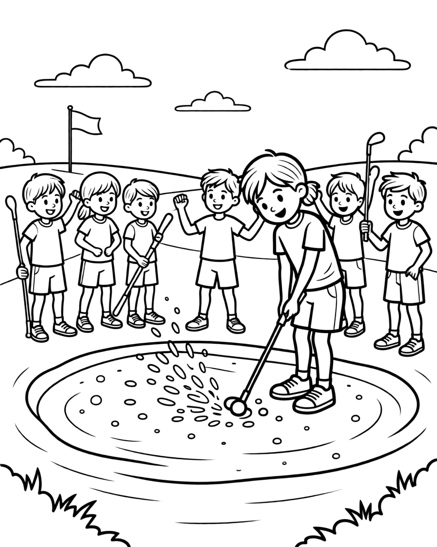 A team of neighborhood kids, chipping the ball out of a sandy bunker with a splash of sand flying.