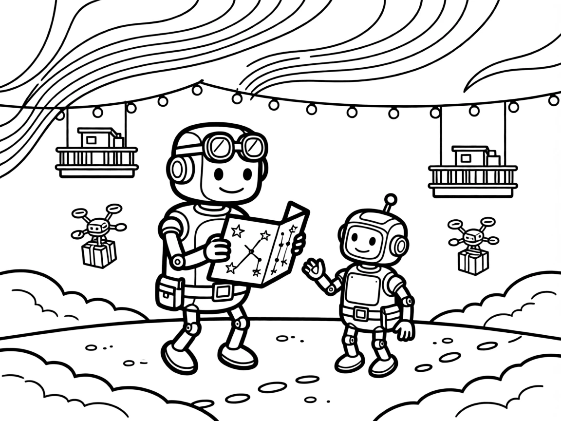 Widget, a wobbly-legged inventor robot helping a lost robot find its way home using a star map, in a snow-covered tundra planet with auroras dancing overhead, with twinkling string lights strung between floating platforms and tiny drones buzzing around delivering packages nearby.