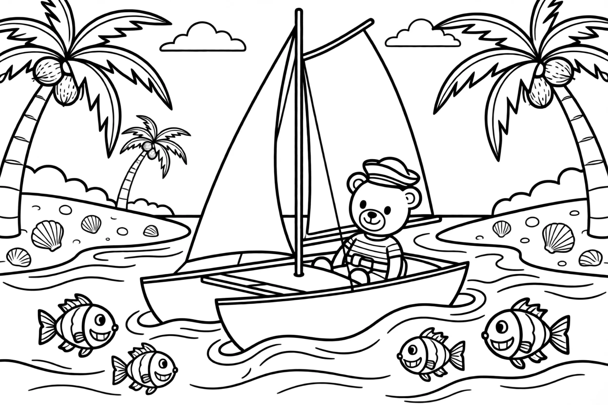A two-hulled catamaran cutting smoothly through the surf is shown journeying through a hidden pirate cove with a sandy beach and palm trees, with a teddy bear buckled safely into the passenger seat close by and fish leaping playfully out of the water nearby completing the lively scene.