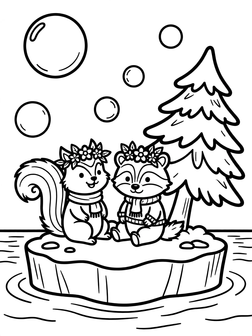 A squirrel on an iceberg in the arctic sea, wearing tiny flower crowns with a badger, next to a snow-covered pine tree, as bubbles float up into the sky.