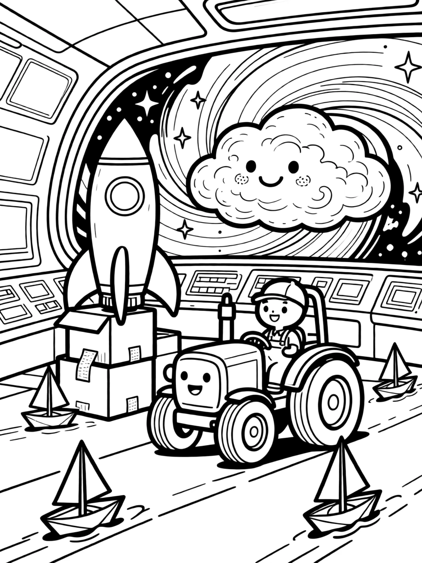 On a spaceship deck looking out at swirling nebulae, a bouncy tractor with a friendly face is busy building a rocket out of cardboard boxes, cheered on by a cloud shaped like a giant marshmallow and a fleet of tiny paper boats racing along. Warm smiles and happy cheers fill the scene.