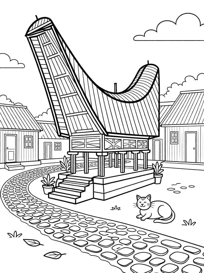 A coloring page from Indonesia showing a traditional wooden house with a curved, boat-shaped roof, surrounded by neighboring buildings, a cobblestone path, and a friendly cat resting on a step.