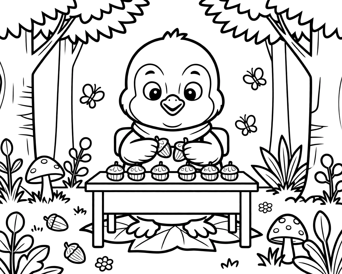 a determined a baby penguin counts acorns into neat piles at a tiny school desk in the forest.