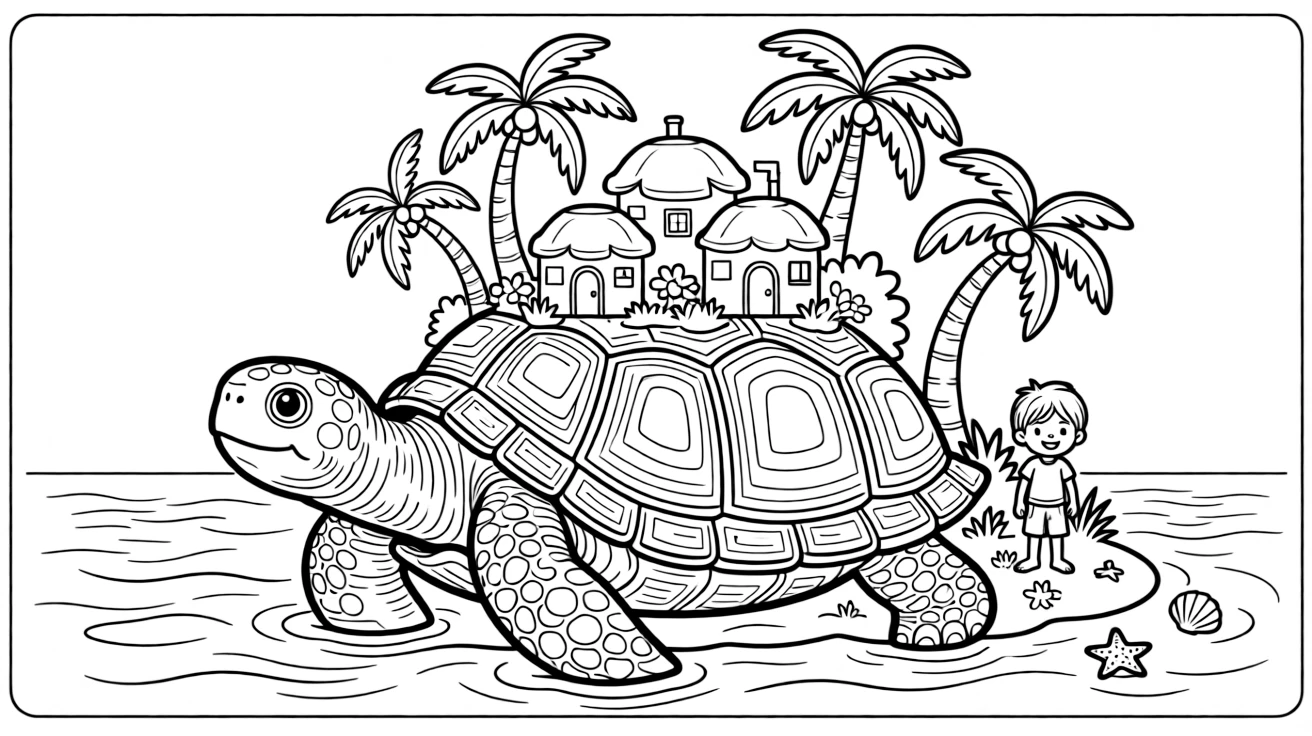 A giant tortoise island drifts through calm seas, a tiny village of huts and palm trees thriving peacefully on its ancient shell.