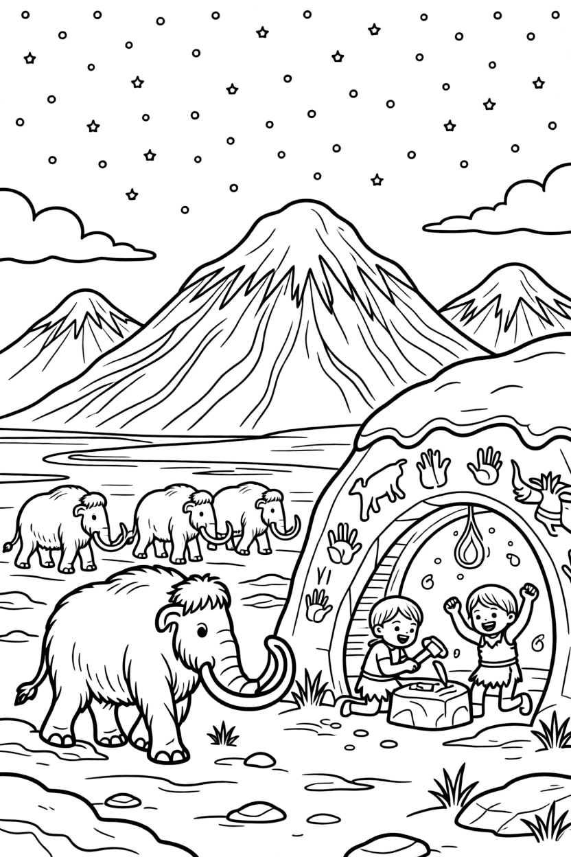 [Prehistoric Worlds] A dynamic scene shows a mammoth herd crossing an icy plain carving tools from stone inside a torch-lit cave, cheering with both fists raised. Close by, cave paintings decorate the stone walls. Icy peaks rise in the distance. The moment unfolds under a starry night sky, with fireflies beginning to glow, filled with energetic detail perfect for a young colorist.