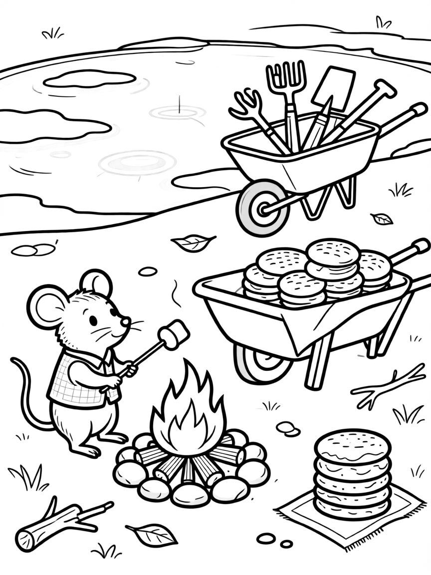 A field mouse in a tiny vest is roasting marshmallows over a crackling campfire beside a frozen pond used for ice skating. Just beyond, a wheelbarrow filled with garden tools and a stack of freshly baked pastries round out the happy picture.