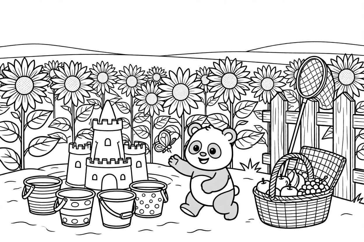 A bucket collection lined up beside a sandcastle in a sunflower field stretching toward the horizon, with a chubby panda cub playing close by amid a picnic basket packed with fruit and a butterfly net leaning on a fence.
