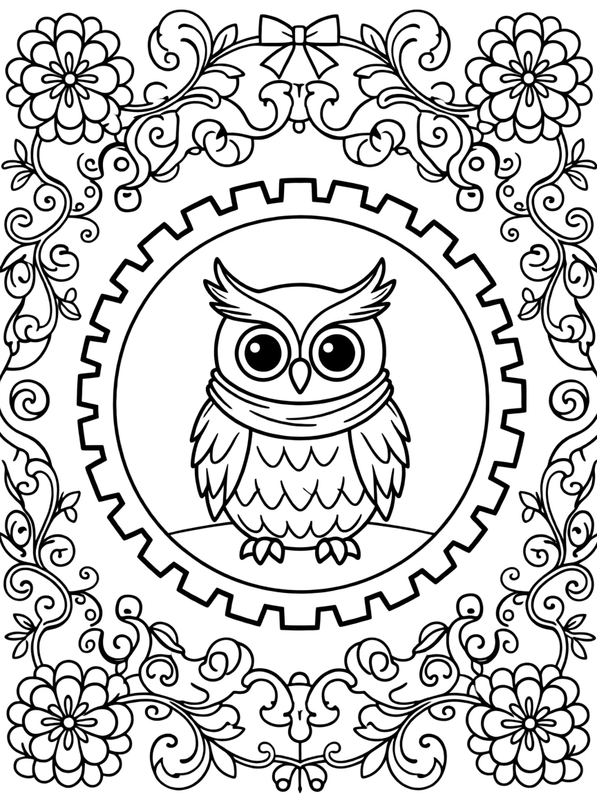 Birds: The page presents a small themed scene built around an owl with large round eyes and feathered ear tufts, tied together by a gear-wheel mandala with even notches around the rim. The scene is placed in the center of a small symmetrical scene, with matching background details balanced evenly on both sides. Decorative details fill the surrounding space, including layered flower rosettes, swirling vine tendrils, and rows of curling wave shapes woven throughout the background. A playful extra touch completes the page: a small ribbon bow tied neatly at the top of the design.