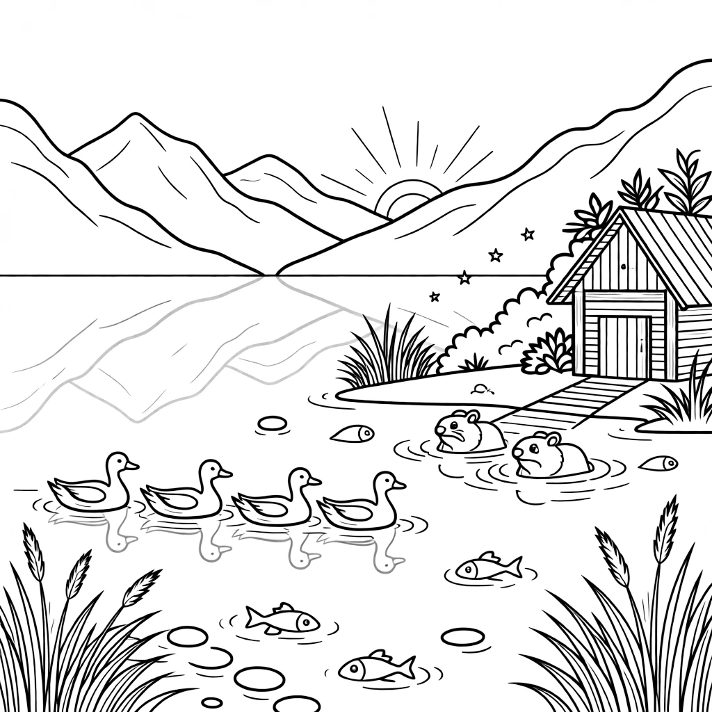 [Lakeside] A family of ducks paddles in a neat line across a calm, glassy lake at sunrise. A family of beavers swims toward their lodge as fish ripple the water nearby. Mountains rise beyond the far shore, their peaks mirrored perfectly in the calm lake. Soft evening light settles over the water as fireflies begin to twinkle along the shore.