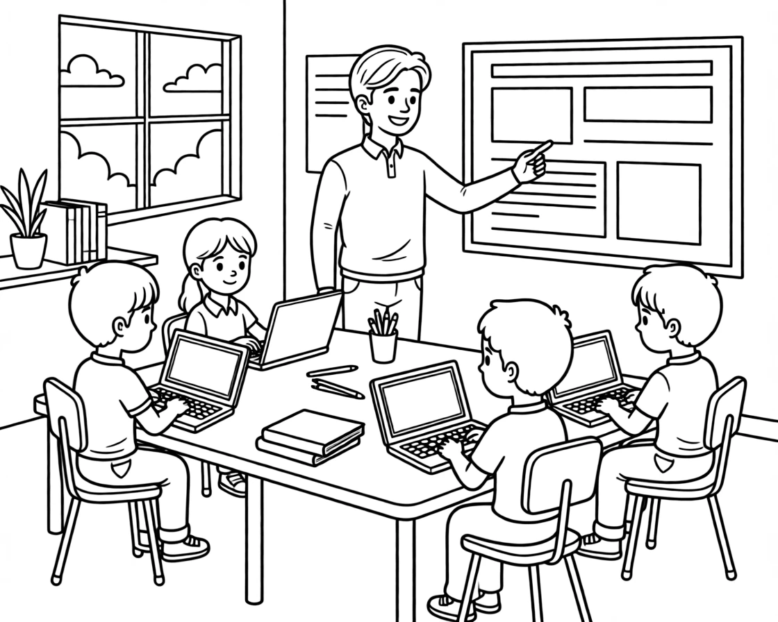 A programmer teaches a group of kids to build a simple website on laptops.