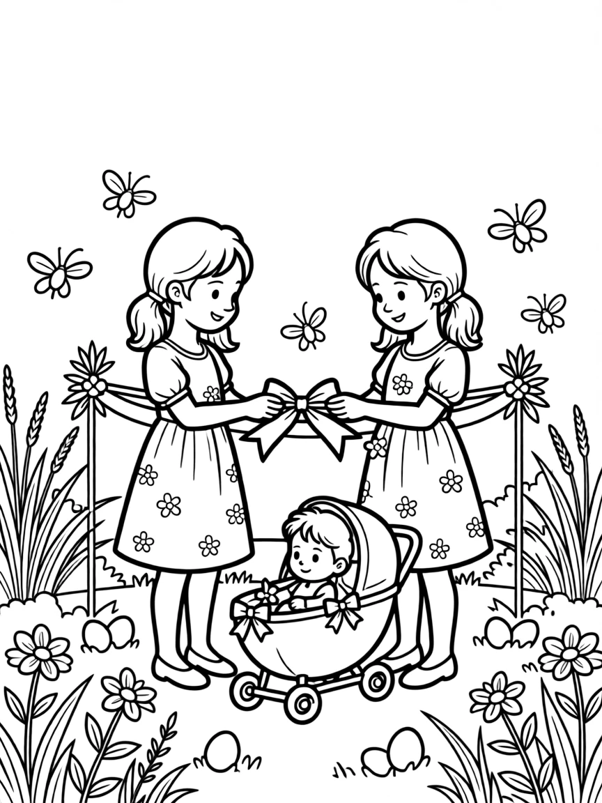 Twin sisters cutting a ribbon at a celebration during a spring egg hunt with a new baby sibling with fireflies glowing at dusk.