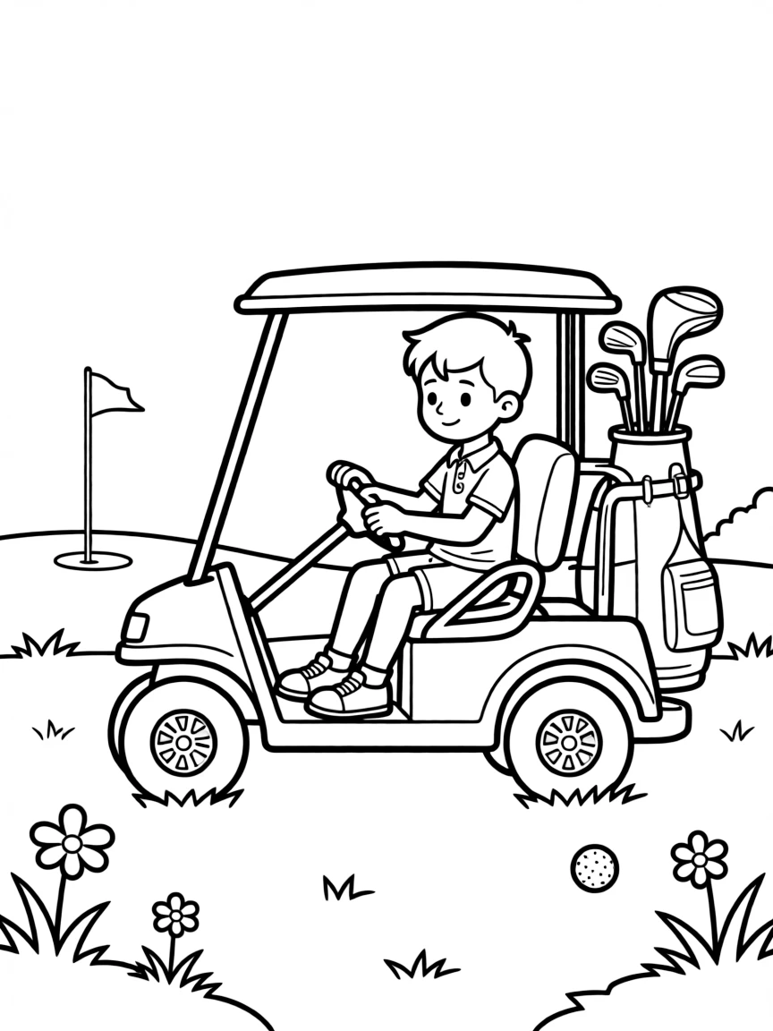 A shy new student, riding in a golf cart between holes with clubs strapped in the back.