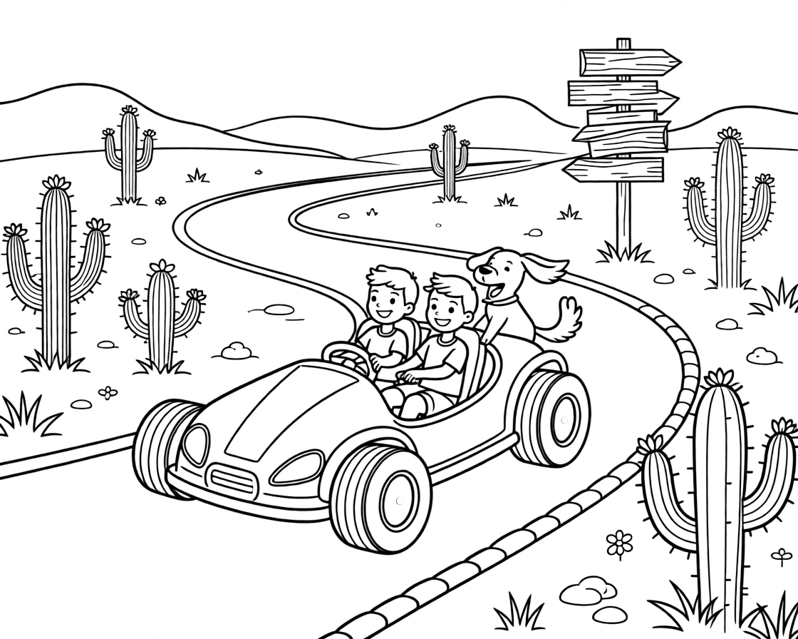 A big, friendly a two-seat go-kart zooming around a curvy track rolls through a golden desert dotted with cacti and distant sand dunes, with a friendly dog with its ears flapping in the wind enjoying the ride and an old wooden signpost pointing to faraway towns adding a playful touch.
