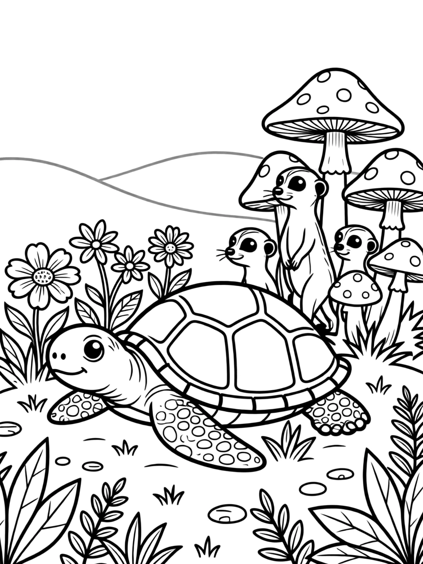 A sea turtle in an enchanted forest clearing, playing hide and seek among the flowers with a meerkat family, next to a cluster of colorful mushrooms, while morning fog rolls over the hills.