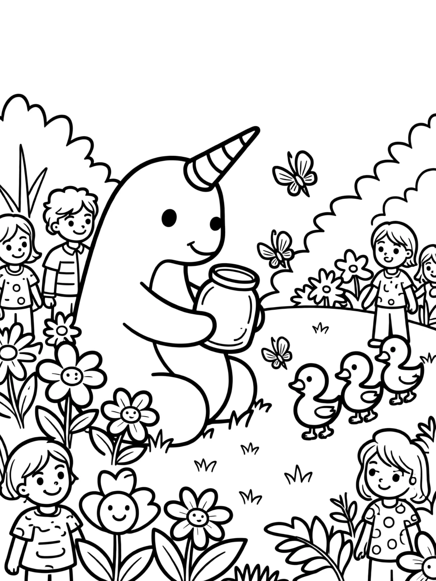 An adventurous narwhal unicorn of the sea takes a break from adventures to try catching fireflies in a jar to light up the night in a garden where the flowers hum little tunes, with a family of ducklings waddling in a neat line close behind. The whole neighborhood has come out to join the fun.