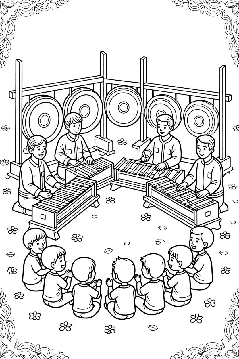 A coloring page bursting with rhythm from Indonesia, showing gamelan musicians playing bronze gongs and metallophones together, with an audience of clapping children gathered around in a circle.