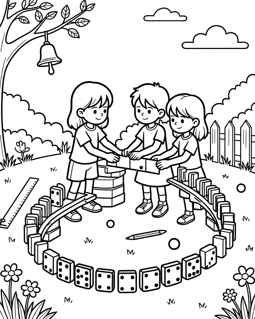 a gentle group of three kids builds a Rube Goldberg machine of dominoes and ramps to ring a tiny bell.
