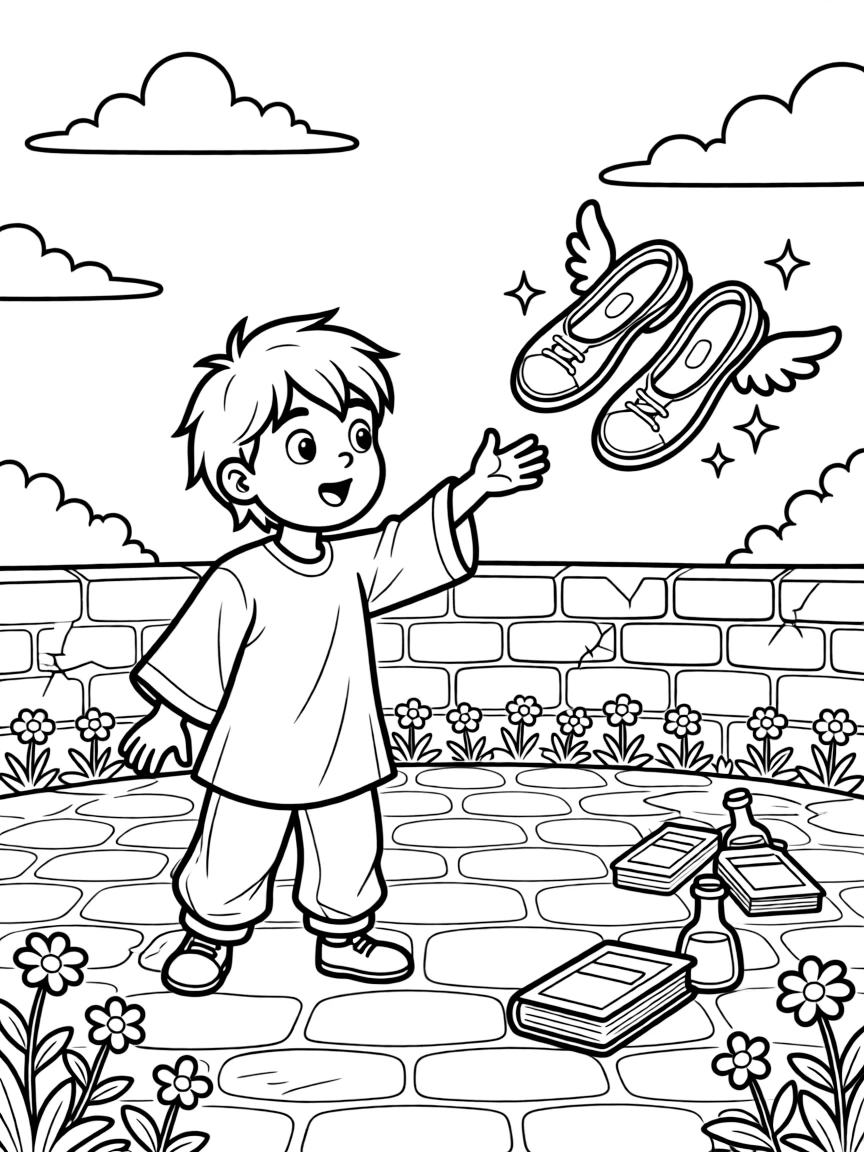 A wizard's apprentice accidentally turns his shoes into flying slippers, comically chasing after them across the courtyard.