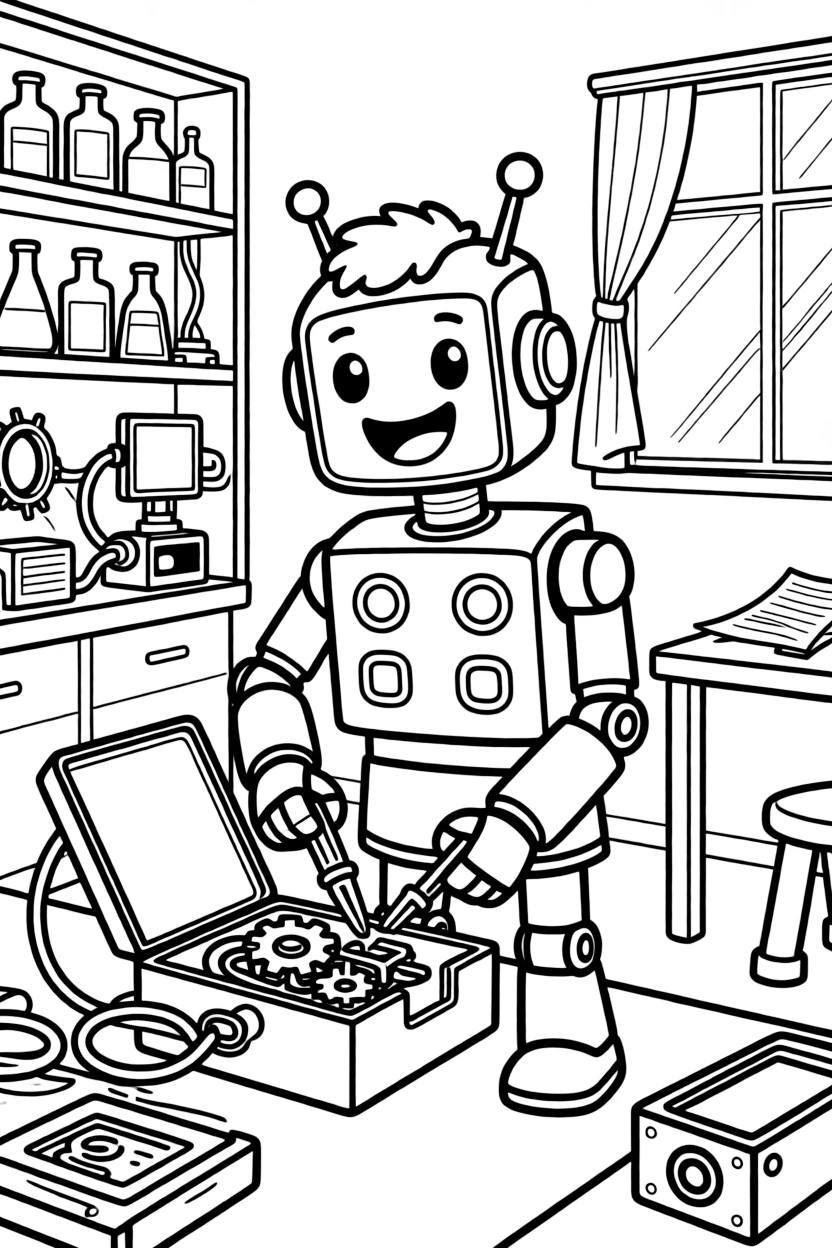 [Robots] a tall walking robot helper fixing a gadget with tiny tools in a laboratory filled with gadgets, grinning with excitement. Nearby, gears and wires poke out from an open panel. Glowing buttons line its chest panel. The scene is captured in the late afternoon, with a light breeze blowing, giving the page a lively and adventurous feel that invites plenty of colorful detail.