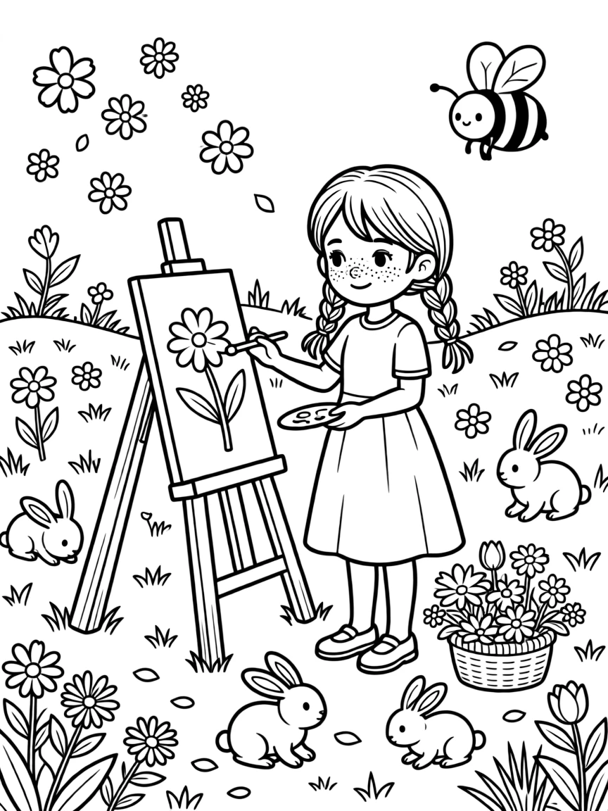 A girl with braided pigtails and freckles is painting a picture on a wooden easel in a meadow filled with grazing bunnies. All around, a curious bumblebee buzzing among the blooms and a basket brimming with fresh flowers fill the page with charm.