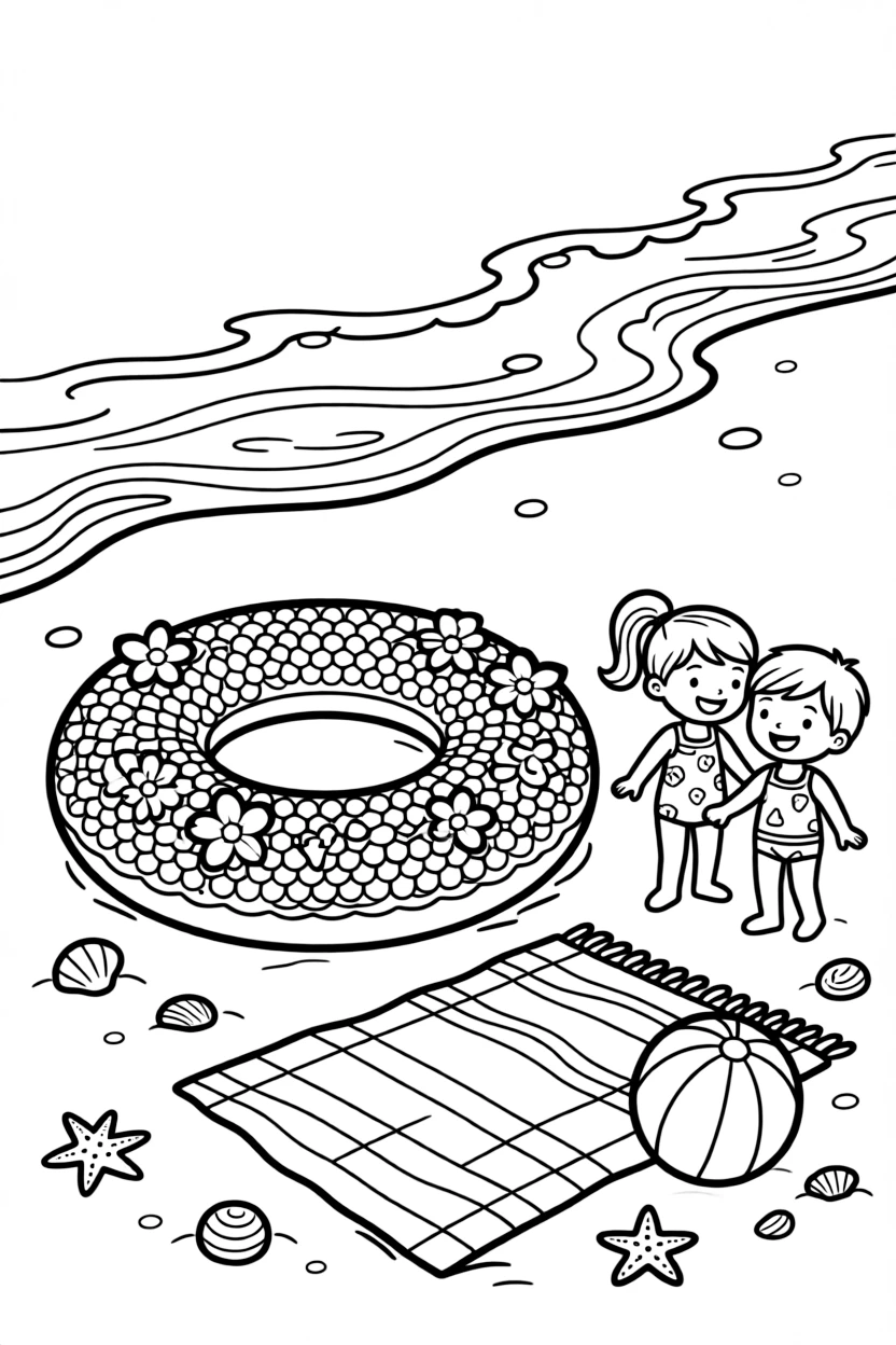 A wide view on a sandy beach with gentle waves rolling in, featuring a float covered in sequins and flowers, a pair of giggling twins, and a beach towel spread on the sand, with a striped beach ball nearby.