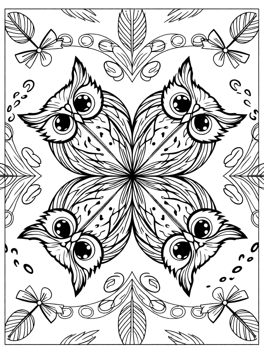Birds: The design turns an owl with large round eyes and feathered ear tufts into a kaleidoscope-style composition anchored by a set of perfectly matched concentric rings. The imagery is split into four mirrored quadrants that meet at the center, each quadrant a rotated echo of the next. Decorative details fill the surrounding space, including loops shaped like small bows, tightly coiled spiral shells, and fan-shaped feather clusters woven throughout the background. A playful extra touch completes the page: a few tiny footprints trailing off toward one edge of the page.