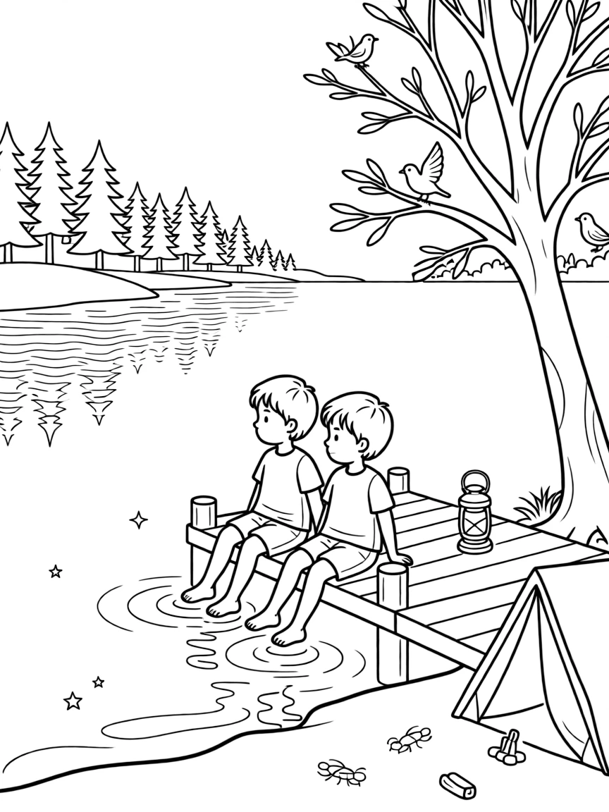 [Lakeside] Two children fish from a small wooden dock, their toes dangling just above the water. Songbirds flit between branches of a tree leaning over the water's edge. Pine trees line the far shore, their reflections rippling across the still water. Stars begin to reflect on the water as crickets chirp softly around the campsite.