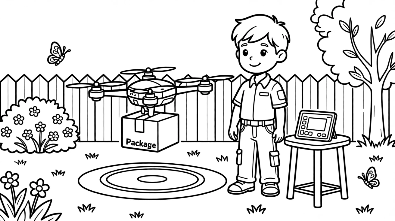 A drone delivery pilot watches a package-carrying drone land safely in a backyard.