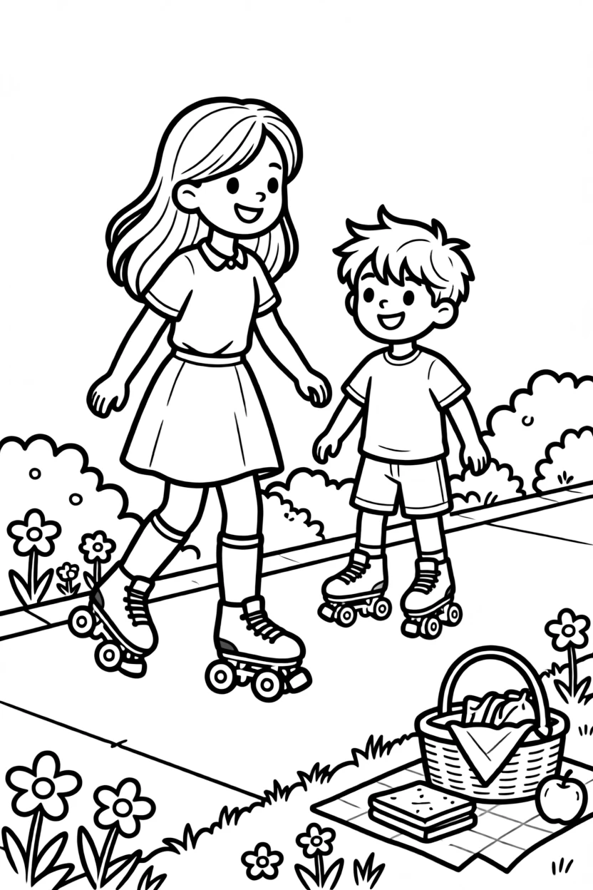 A tall girl roller skating with a new classmate on the sidewalk with a picnic basket nearby.