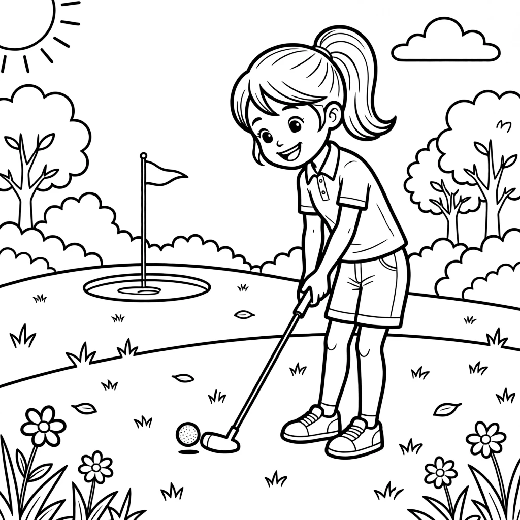 An energetic girl with a big smile, studying the green carefully before a big putt, putter resting on the grass.