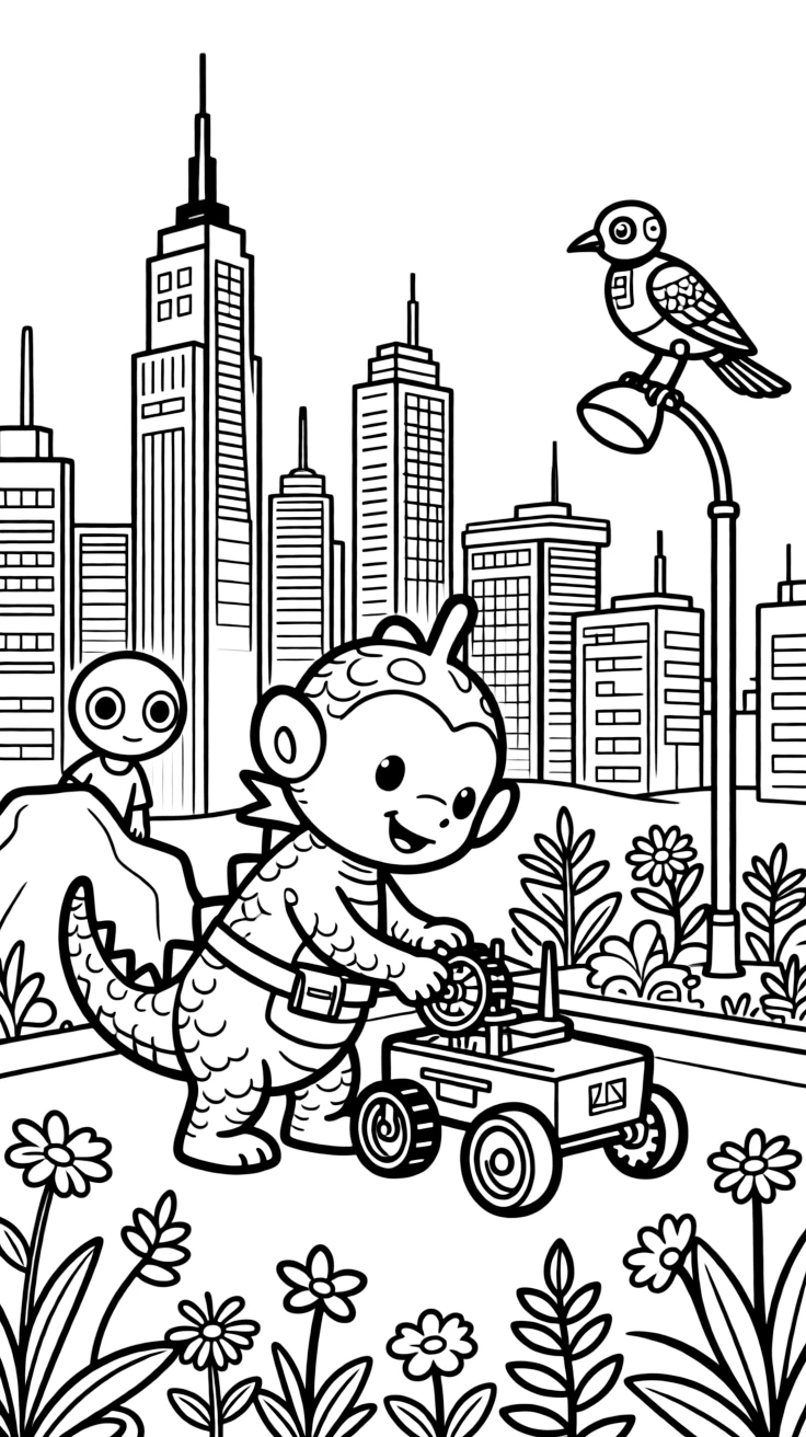 Wiggles, a friendly space dragon with soft scales fixing the wobbly wheel on a rover before the big race near a rooftop garden overlooking a glowing cyber skyline, surrounded by a curious alien creature peeking out from behind a rock and a robotic bird perched on a lamp post.