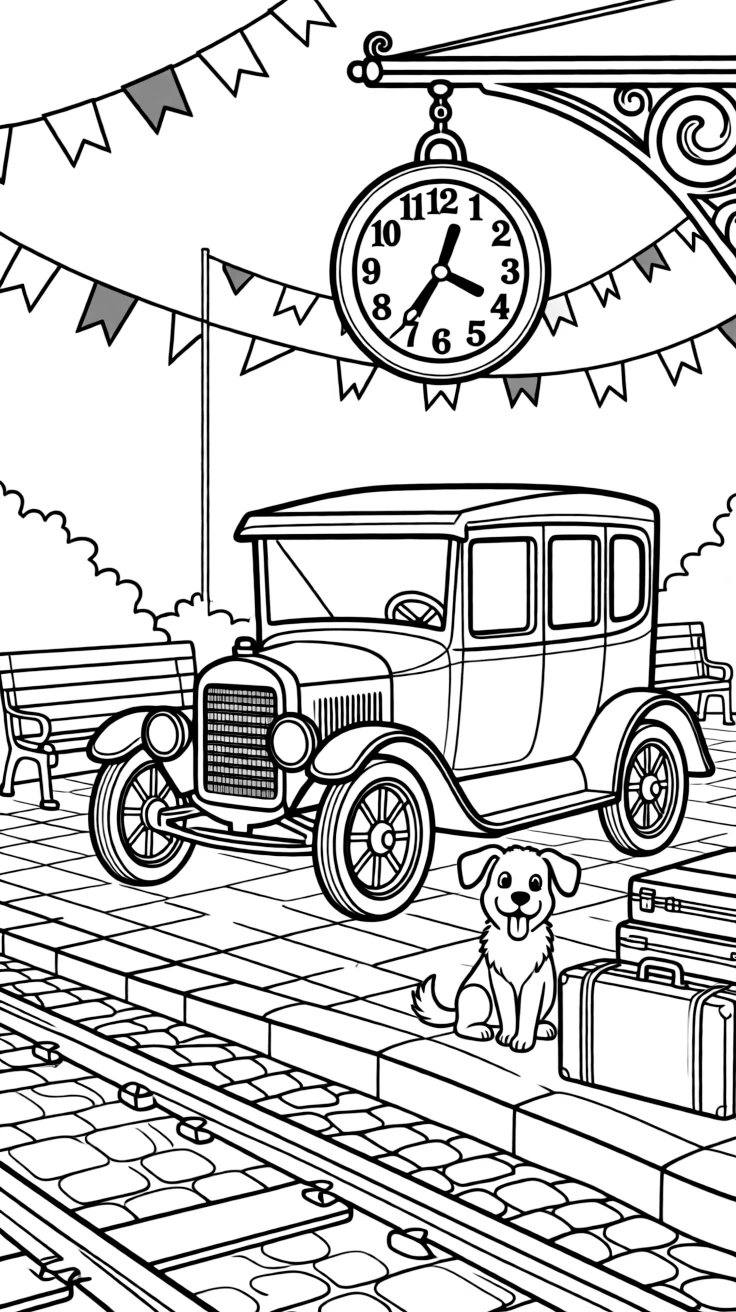 The scene captures a boxy Model-T style automobile with round headlamps in the middle of a historic train station platform with a big round clock, with a friendly dog with its ears flapping in the wind nearby and colorful flags fluttering from every corner sprinkled around for extra fun.