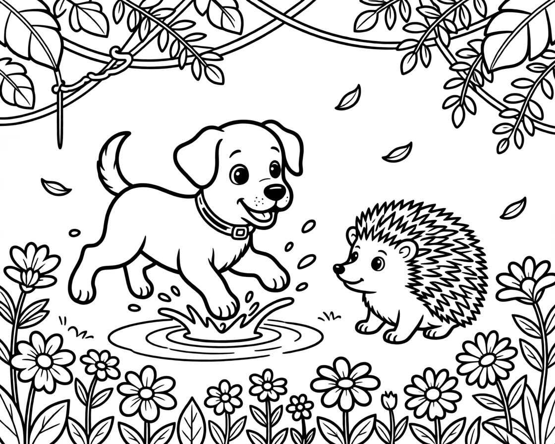 A playful puppy splashing happily in a puddle with a hedgehog in a bustling jungle canopy, near a field of wildflowers, while a gentle breeze scatters flower petals.