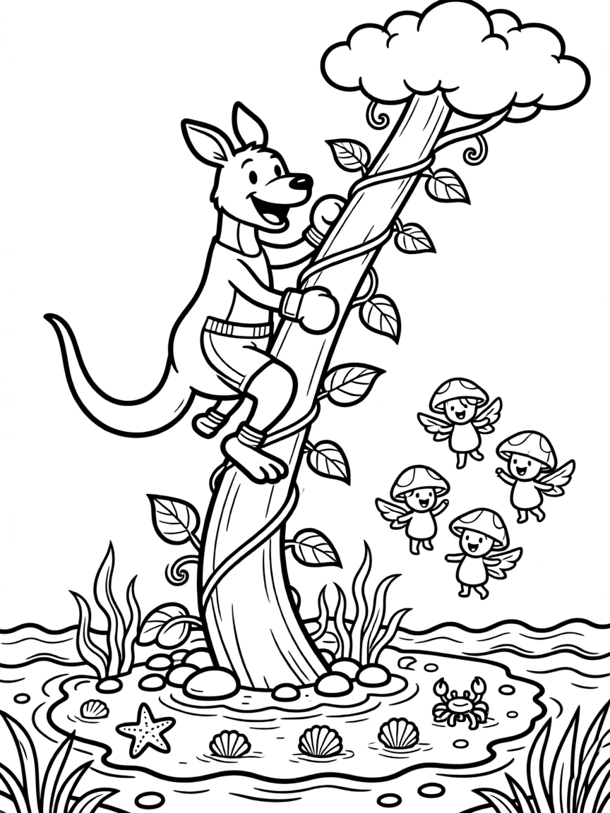 A wiggly kangaroo boxer with a big smile takes a break from adventures to try climbing to the top of a beanstalk that reaches the clouds at a tide pool bustling with tiny sea creatures, with a cluster of giggling mushroom sprites close behind. Everyone is laughing and having the best time.