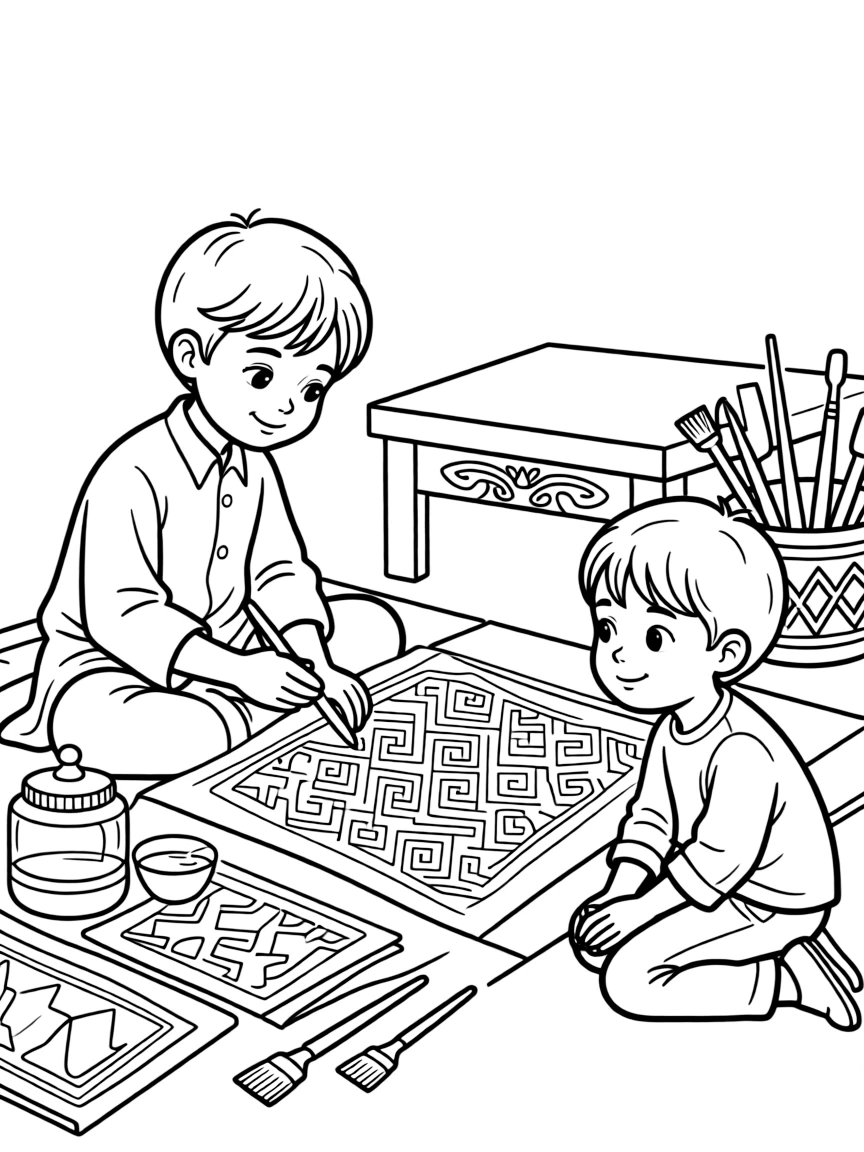 A coloring page of a child in Indonesia enjoying a craftsman drawing wax patterns on cloth to make batik, surrounded by colorful supplies and a curious sibling watching closely.