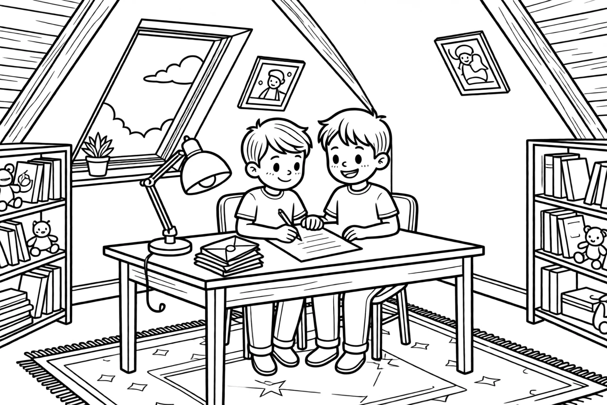 cheerful twin brothers sit in a quiet attic study and writes a letter to a faraway pen pal while a stack of colorful envelopes waits nearby.